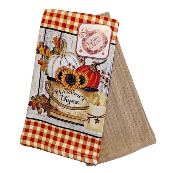 Autumn Harvest Basket Pumpkins Sunflowers Brown Kitchen Towels 2-Pc 16 x 26-in - Picture 1 of 4